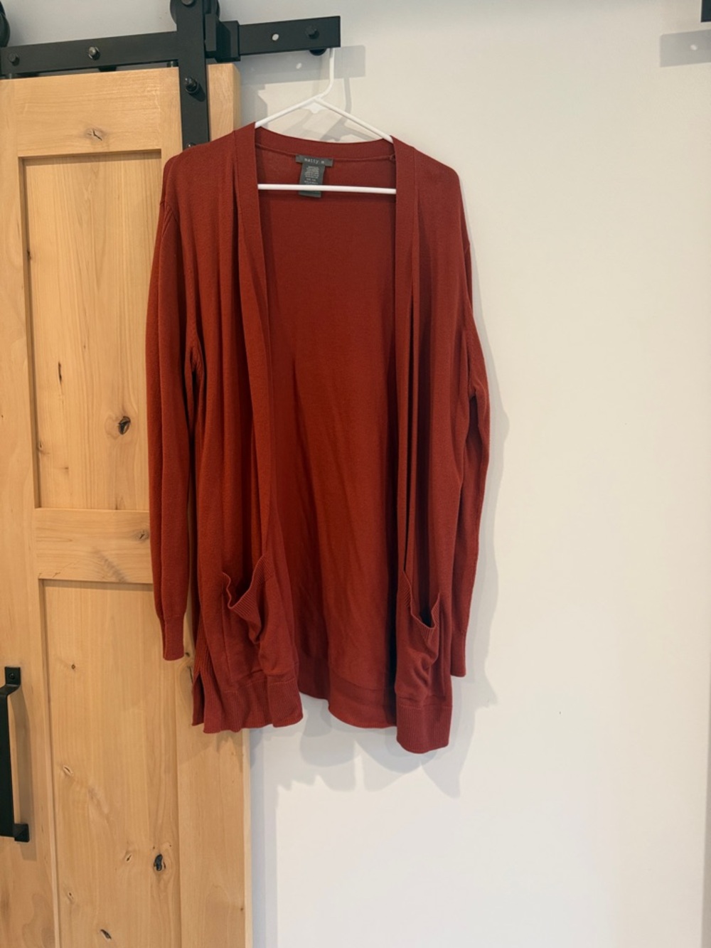 Matty M Open-Front Cardigan Sweater in Rust Red